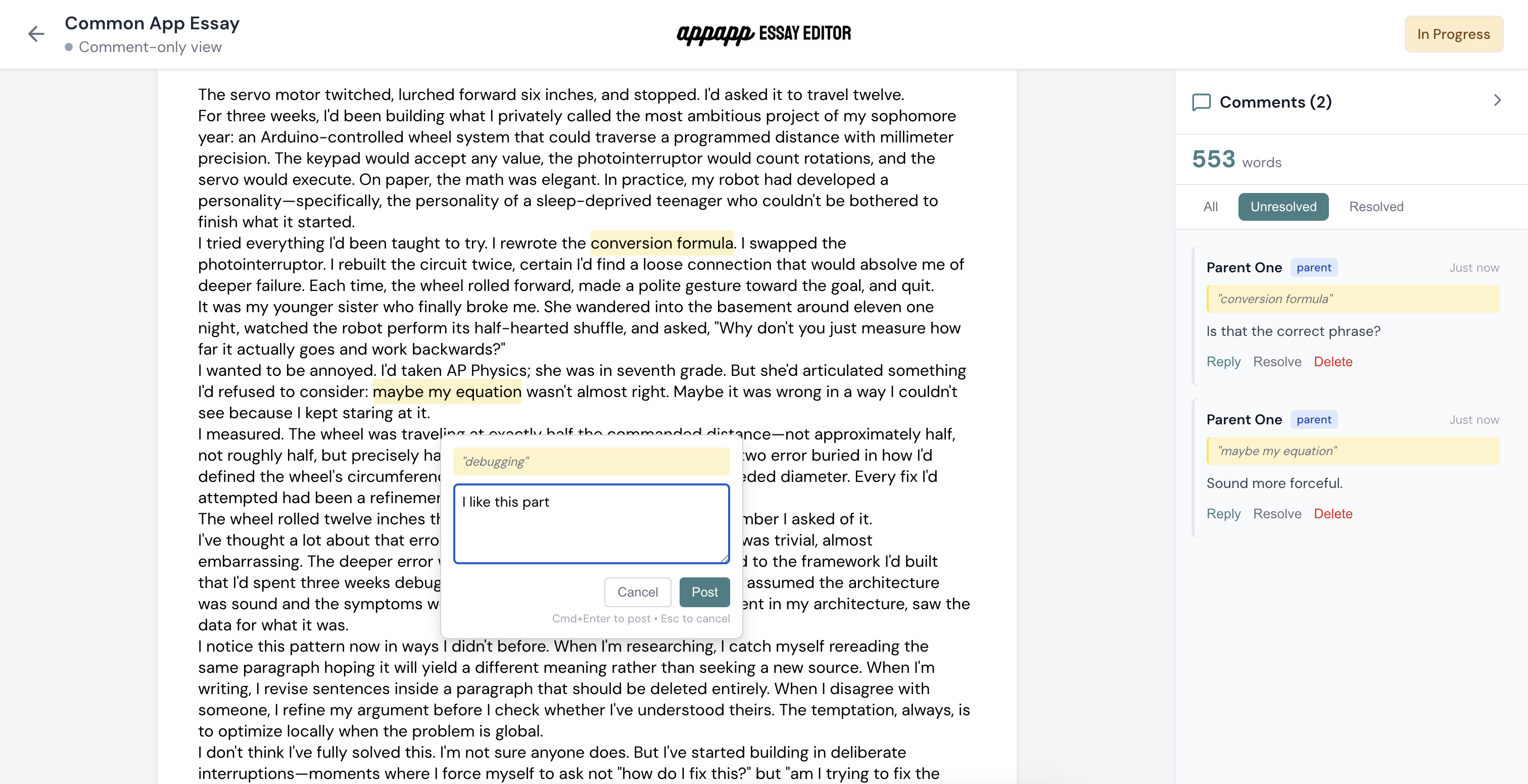 Leave Comments Directly on Essay Drafts